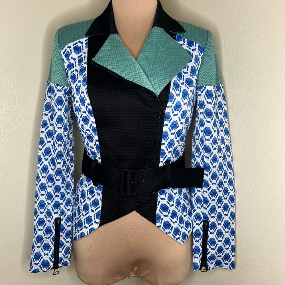 Peter Pilotto x Target Jacket Small Womens Moto Colorblock Statement Belted Blue